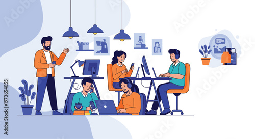 Modern coworking space shows a diverse team of professionals working on computers, talking on phones, and collaborating in an office.