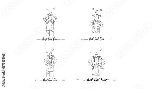Four black and white cartoon of a dad holding a baby with text dad ever father