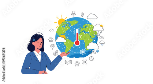 Professional woman presenting a digital globe with a thermometer and weather icons to explain climate change and global warming trends.