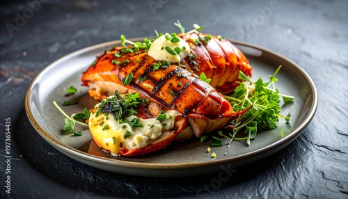Grilled lobster tail on plate with herbs.