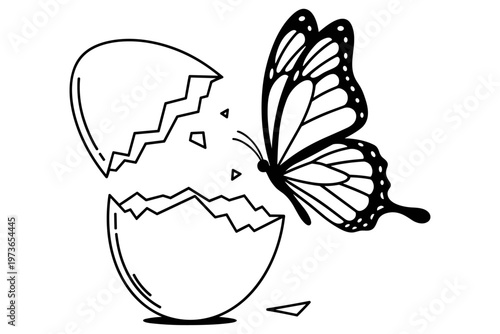 A beautiful butterfly gracefully emerges from its cracked eggshell, symbolizing new beginnings, transformation, and the freedom of birth into a fresh phase of life