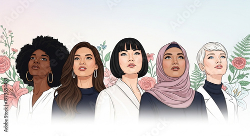 Empowered women: A group of women of different races and ages, stand in a row looking upwards, flowers in the background, showing determination and confidence.