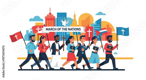 March of Nations: United figures from different backgrounds march together, carrying symbols and flags to promote unity and diversity.