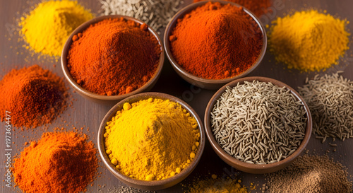 Colorful assortment of spices displayed in small wooden bowls