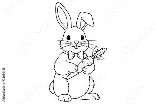 Charming black and white line art of a cute bunny rabbit wearing a bow tie and holding a carrot. Ideal for children's coloring, spring themes, or playful animal designs