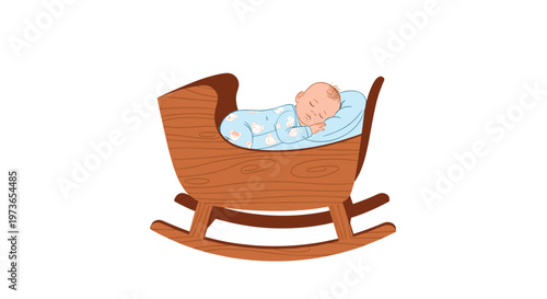 Adorable baby sleeping peacefully in a classic wooden rocking cradle with blue bedding and soft light for a nursery theme.