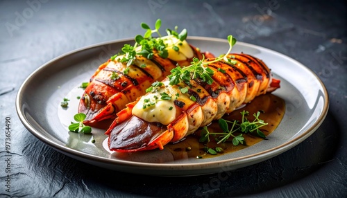 Grilled lobster tails on plate with herbs.