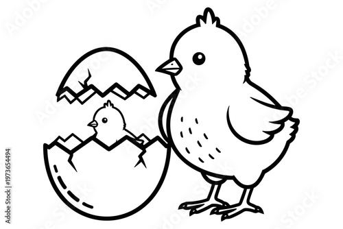Charming Black and White Illustration of a Newly Hatched Chick Emerging from a Cracked Egg Beside its Mother, A Delightful Easter or Springtime Scene