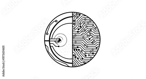 Circle emblem displays a dual design featuring smooth circular lines on one side and complex electronic circuitry on the other.