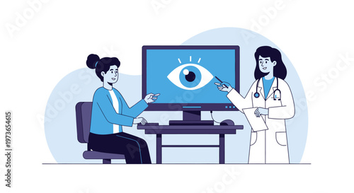 Female Optometrist and Patient Discussing Eye Health Data on Computer Screen During Consultation in a Clinic