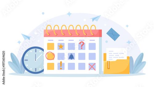 Business planning concept. Calendar or planner with dates, meetings, tasks and priority on desk. Organizer with folders, clock and envelopes. Business tools for productivity boost