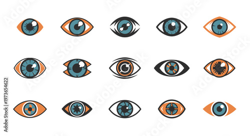 Set of diverse human eye illustrations with various iris colors, representing individuality and natural beauty in bright studio.