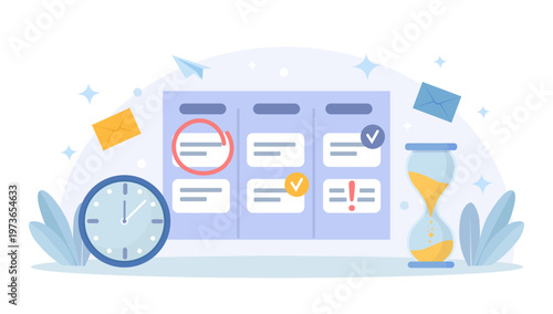 Time management and organization of efficient work process. Business planning concept. Calendar or planner with dates, meetings, tasks and priority on desk. Clocks near checklist and schedule