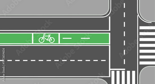 Top view of a bicycle lane at a road intersection with a crosswalk, urban transportation infrastructure.