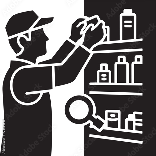 Black silhouette of a man searching on a shelf with a magnifying glass