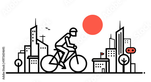 Minimalist line art illustration of a person cycling through a modern city skyline under a red sun, serene urban scene.