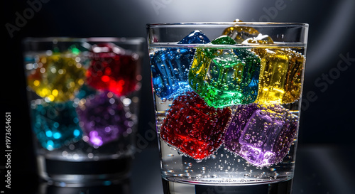 Colorful ice cubes fill a clear glass of water brightly lit