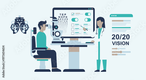 Professional optometrist performing an eye examination for a patient with an eye chart and phoropter in an optometry clinic.