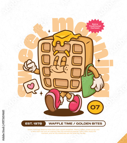 Buttermilk Waffles Trendy Retro Cartoon Vector Hand Drawn 7