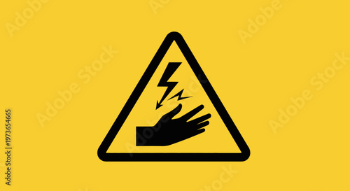 High Voltage Electrical Hazard Warning Sign with Hand Touching Lightning on Yellow Background