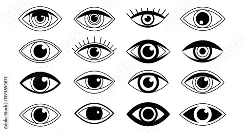 Collection of Black and White Eye Icons with Various Styles on Isolated White Background