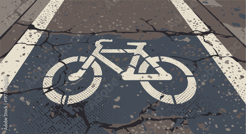 Bicycle Lane Sign Painted on Cracked Asphalt Road