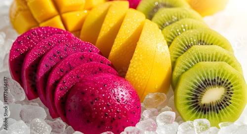 Assorted sliced tropical fruits arranged on crushed ice vibrant and colorful