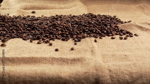 Slow motion. fresh roasted coffee beans falling onto textured burlap sack