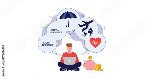 Man sitting cross-legged with a laptop thinking about different insurance options like health, travel, and general coverage next to a piggy bank.