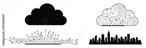 Cloud Computing Digital City Technology Network Data Smart City Connectivity Server Infrastructure Vector Illustration Set Isolated Background