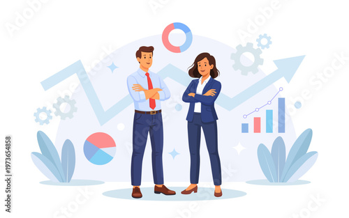 Business success. Leaders stand with arms crossed on charts graphs background. A confident business people in a business suit. Businessmen are satisfied with the company results