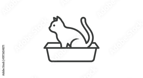 a simple line art illustration of a cat using a litter box depicting pet hygiene and care for veterinary or animal product design.