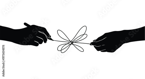 Hands silhouette manipulate a thin string formed into a delicate butterfly shape against a white background.