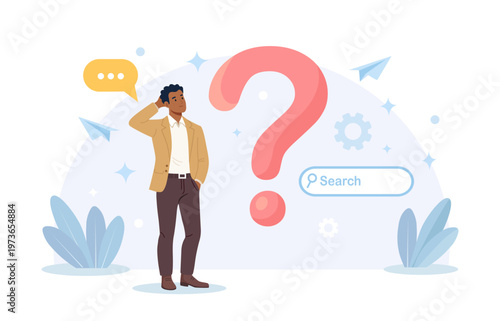 Thoughtful man with giant question marks contemplating a problem or decision. Problem solving and critical thinking. Brainstorming concept. Vector flat illustration