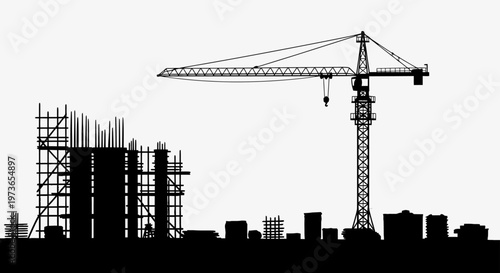 construction site silhouette with a towering crane and unfinished buildings depicting urban development and industrial progress