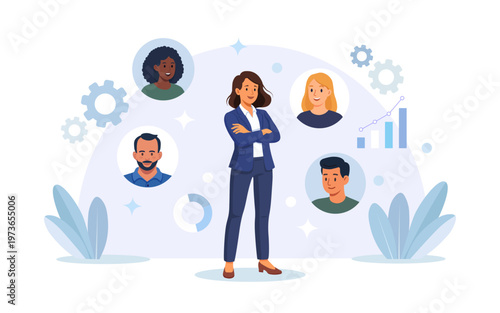 Business success, networking. Leader stand with arms crossed and communicate with a diverse network of professionals people in circular frames. Confident business woman dressed in business suit
