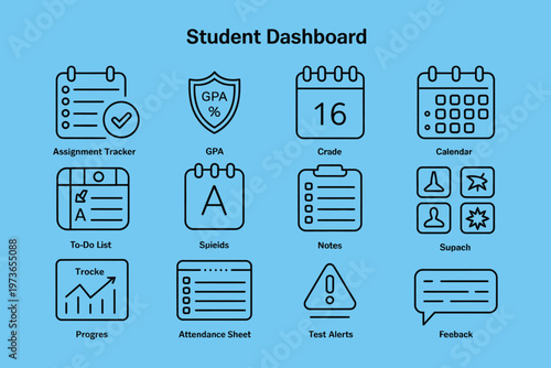 Education dashboard icon collection, GPA indicator, calendar schedule, subject overview, attendance log, grading system, vector illustration for online learning, student tracking, academic workflow .