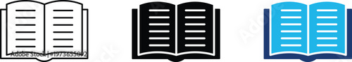 Open book icon showing professional digital education and academic learning symbol. Professional illustration for literature research, online library services, and educational publishing.