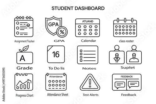 Education dashboard icon collection, GPA indicator, calendar schedule, subject overview, attendance log, grading system, vector illustration for online learning, student tracking, academic workflow .