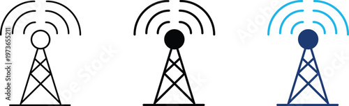 Telecommunications tower icon showing professional signal broadcast and wireless network connectivity. Professional illustration for mobile network infrastructure, and radio frequency transmission.