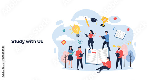 Group of diverse people standing together on a large open book to promote community learning and the pursuit of knowledge.