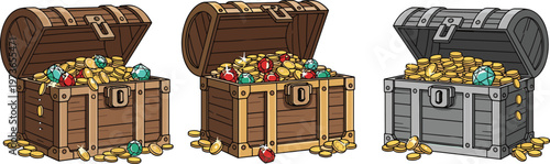 Treasure chest vector set filled with gold coins, gems and jewels in wooden and metal chests isolated on white background for pirate fantasy design