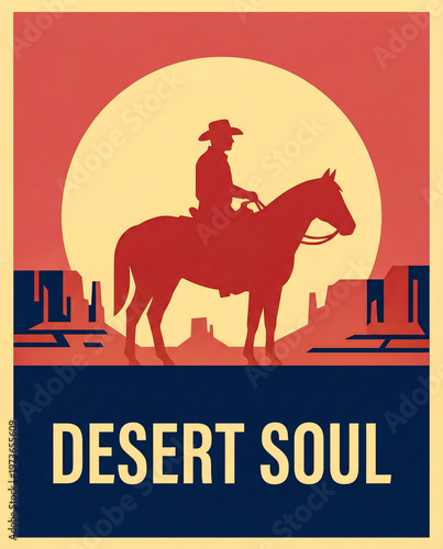 Minimalist poster with desert soul text featuring cowboy silhouette against yellow sun and blue ground.