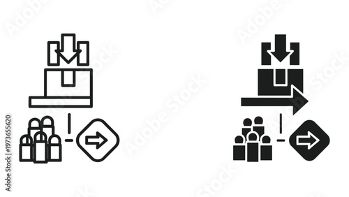A graphic illustration showing the process of delivering items from a warehouse to customers through a delivery service