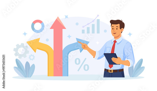 Right business way. Businessman considering different directions, choosing the best way toward success. Leader finding new path and solution for success. Employee at a crossroads with multiple arrows