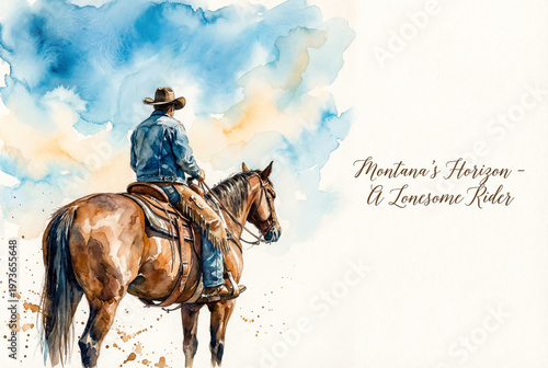 Watercolor illustration of cowboy on horse looking at horizon under blue cloudy sky.