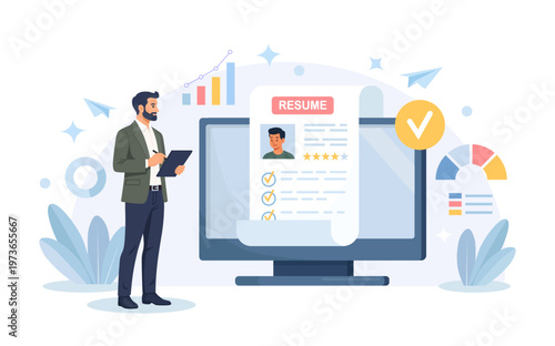 Recruitment process. Human resource management and hiring. Hr manager searching new employee, reading CV and giving job candidate review on computer screen. Businessmen choosing best specialists.