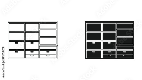 Two black and white line drawings of dressers with multiple drawers in different configurations