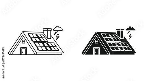 Two black and white house icons with solar panels on the roof and a lightning bolt coming from a storm cloud
