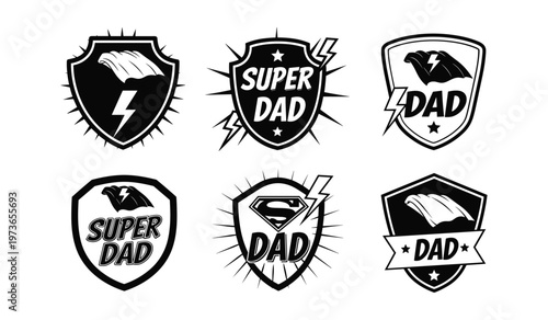 Six black and white superhero inspired badges featuring lightning bolts and shields with text